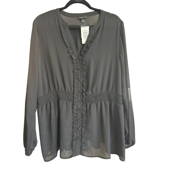 Torrid Black Smocked Ruffle Blouse Size 2 2X Semi Sheer Long Sleeve NWT - Picture 2 of 4